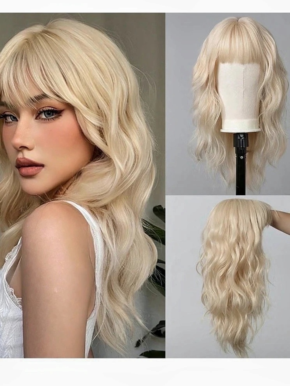 Long Curly Blonde Wig with Bangs
